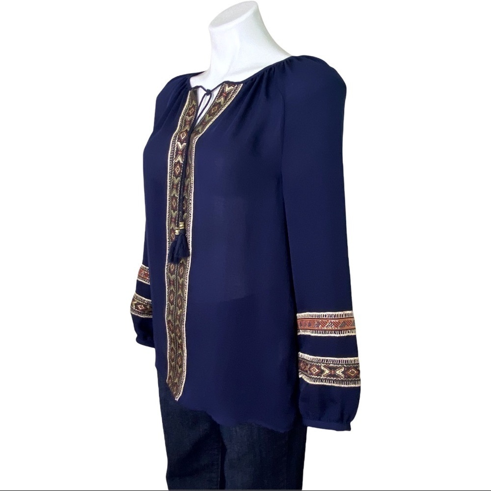 Chico's Blue Boho Tassel Tie Long Sleeve Blouse Small - Picture 4 of 10